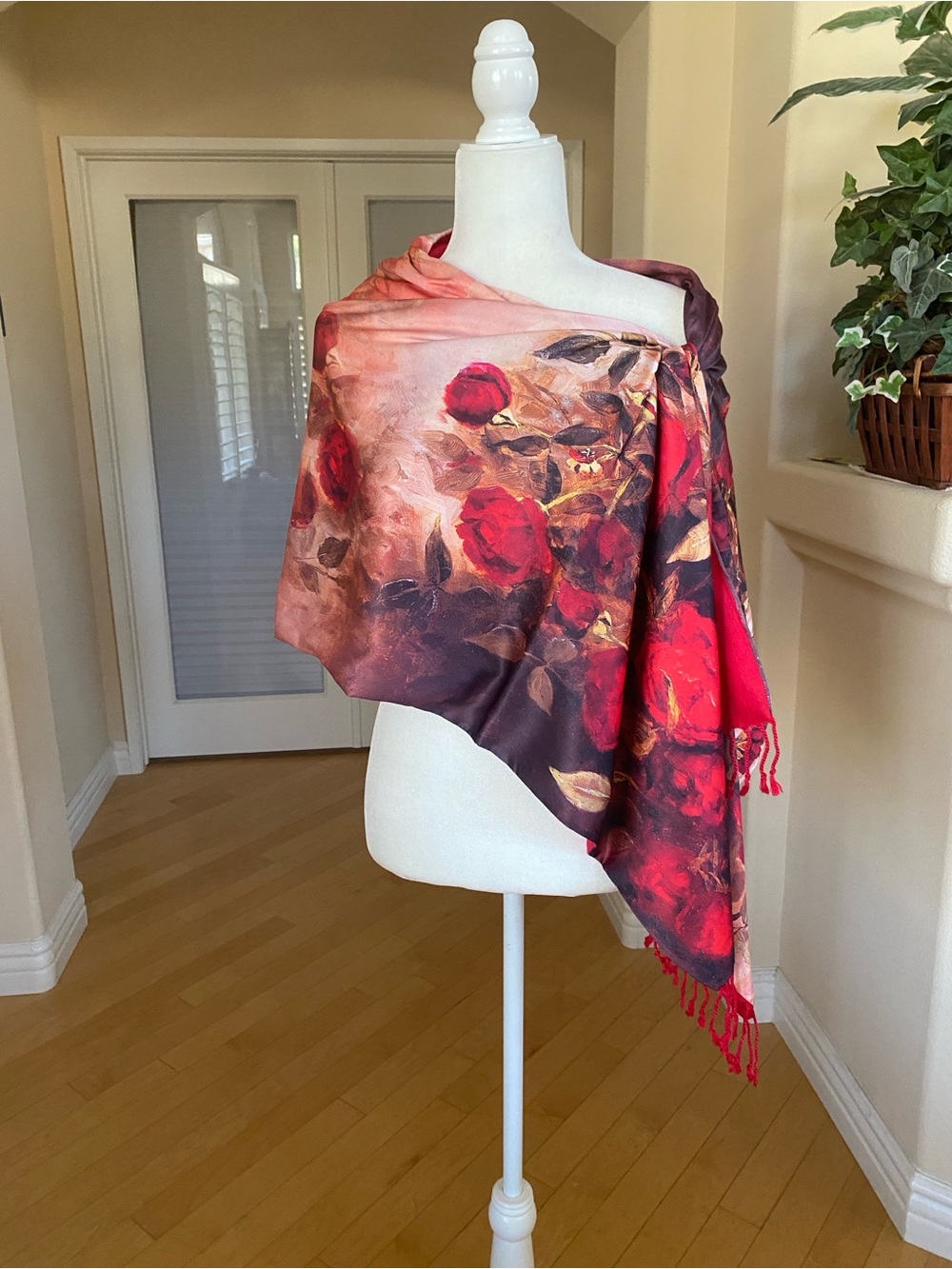 Silk Shawl Floral Red Rose Print Wrap Scarf